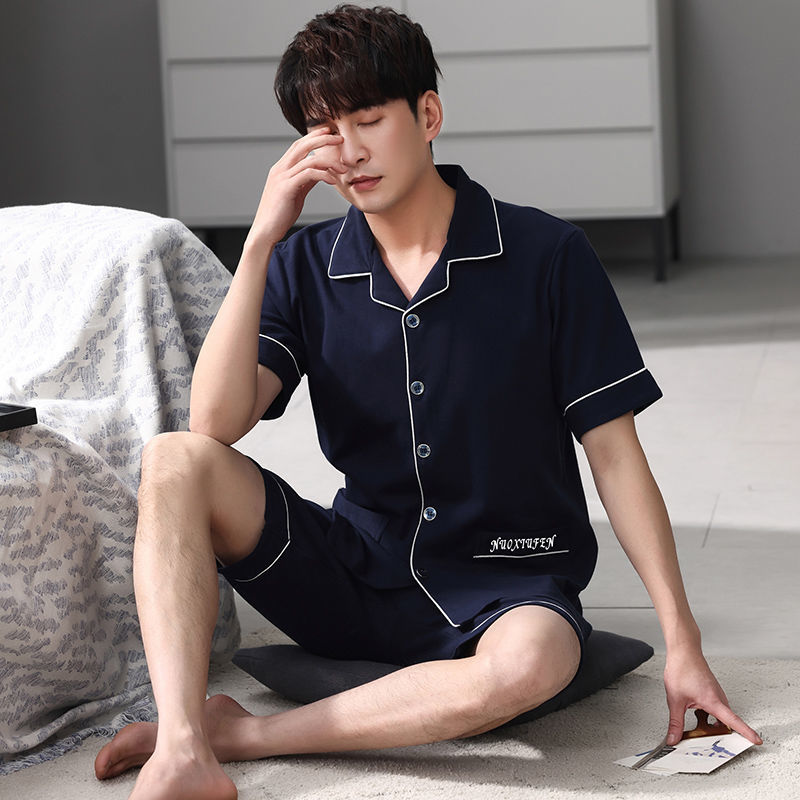 Pijamas de hombre ropa de verano 100% algodón pantalones de manga corta chaqueta juvenil traje de homewear delgado de mediana edad