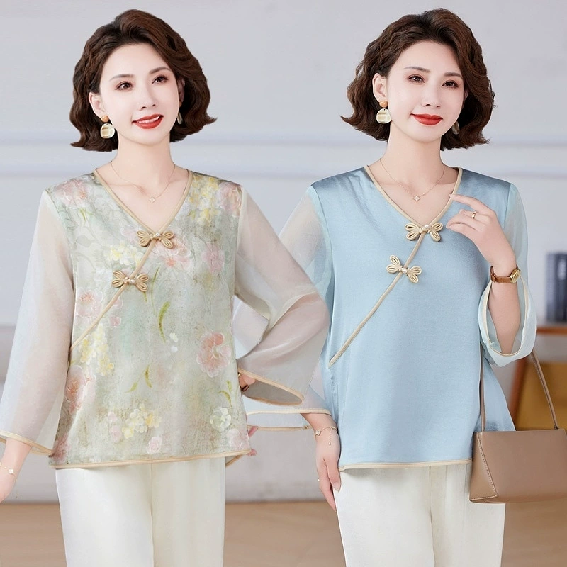 Летний женский наряд в национальном стиле, новая элегантная блузка для женщин среднего и пожилого возраста, новая футболка с девятиточечным рукавом.