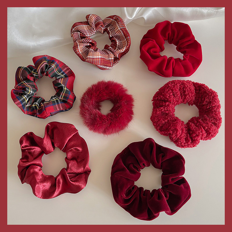 Coreano retro cuadrado rojo bordes de encaje anillo de intestino grande Navidad Año Nuevo nicho universal anillo de cabello de mujer bola cuerda de cabello