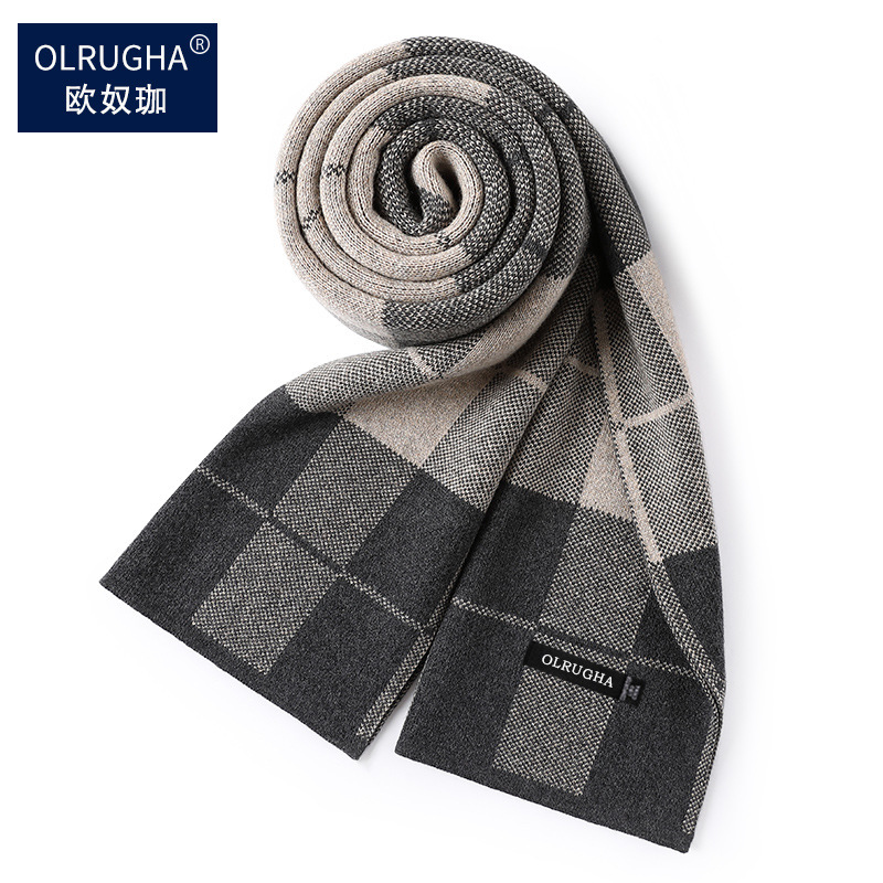 Cashmere Scarf Men's Winter High-end Plaid All-match Korean-style Wool Scarf Thickened Boys' Birthday Gift Box