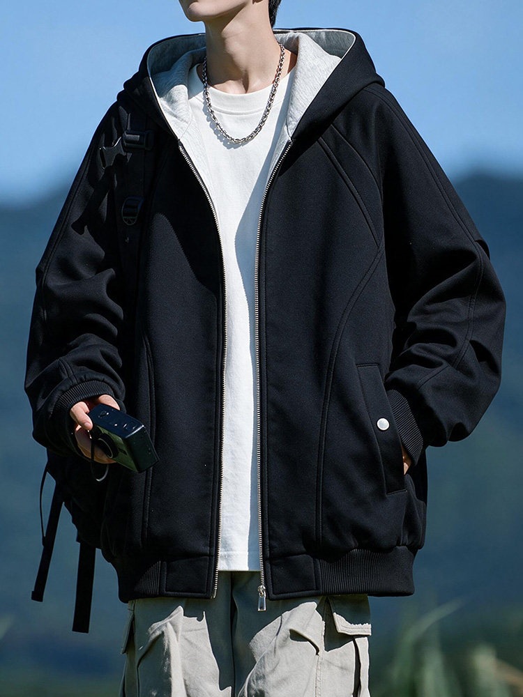 设计休闲运动褶皱连帽开衫感重磅春秋季青少年拼接上衣外套卫衣男