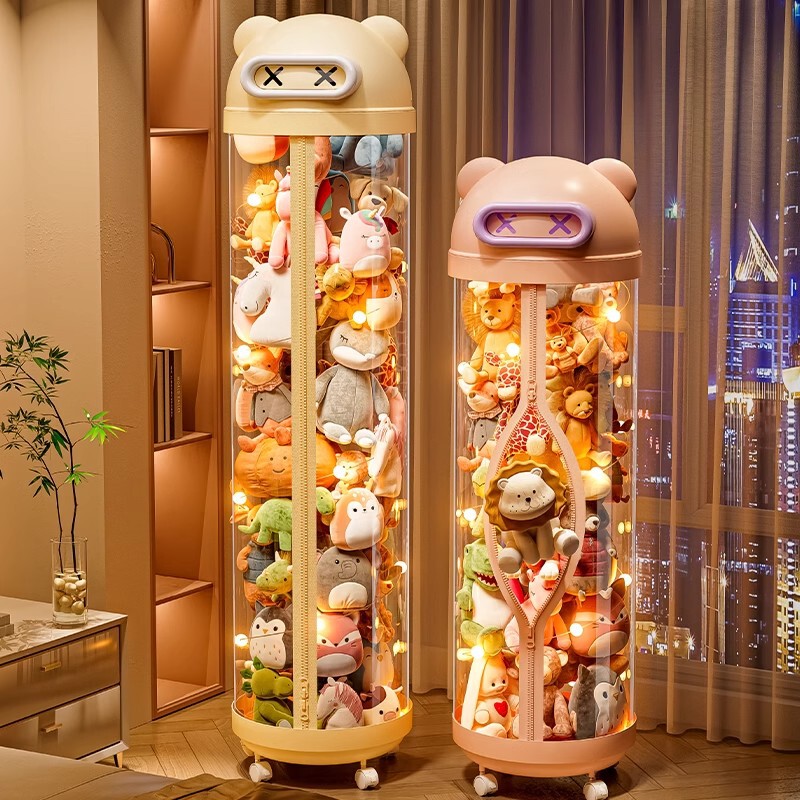 人形収納桶ぬいぐるみ収納かご人形人形収納筒子供円柱透明整理箱蓋付き|undefined