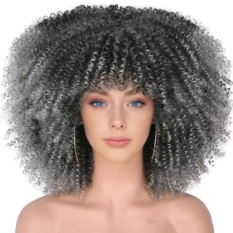 Damen-Afro-Perücke, klein, lockig, afrikanischer Stil, maschinell gefertigt, Kunstfaser, durchschnittliche Größe, glatte Textur, kurz, lang, mittellang_voghion.com