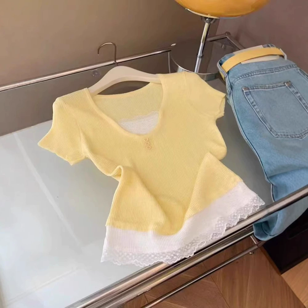 В наличии желтый поддельный дышащий вязаный женский топ из двух частей с короткими рукавами, новый корейский универсальный утягивающий топ с обычными плечами