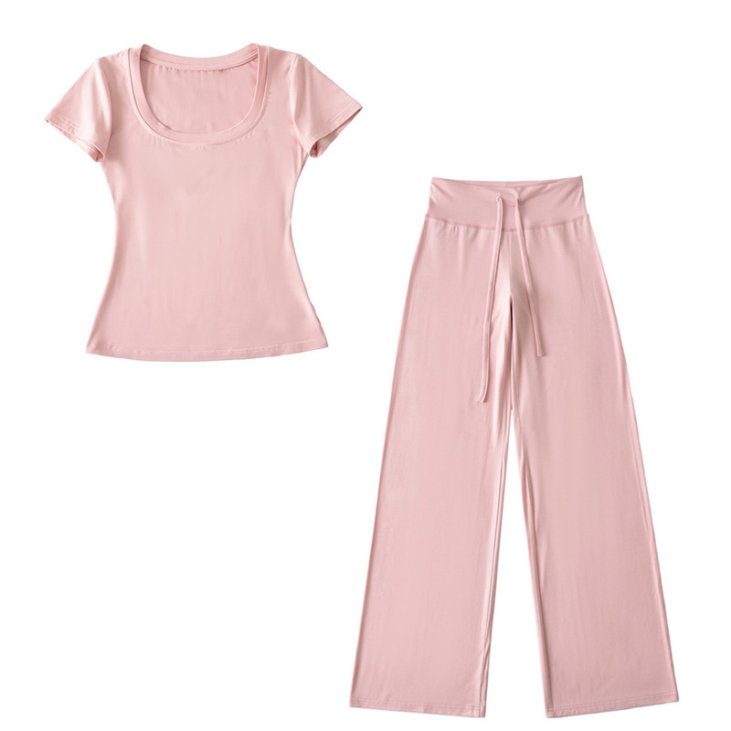 Korean-Style Pink U-Neck Slim-Fit Short-Sleeve T-Shirt Versatile Drawstring Loose Drape Lazy Wide-Leg Pants Two-Piece Set for Women
