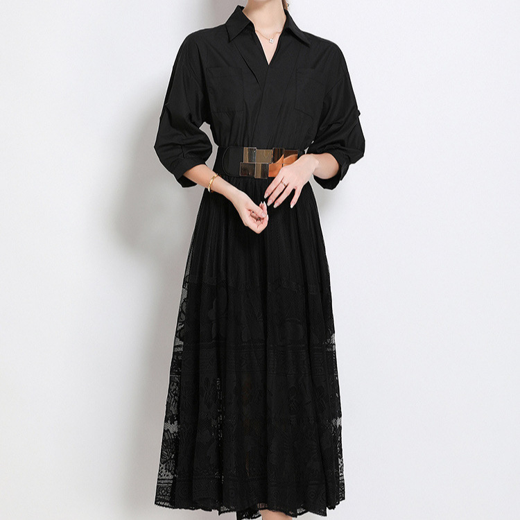 Elegant V-Neck Floral Lace Trim Midi Dress With Flared Hem - A-Line Princess Style For Women Lightweight_ecoleips.com