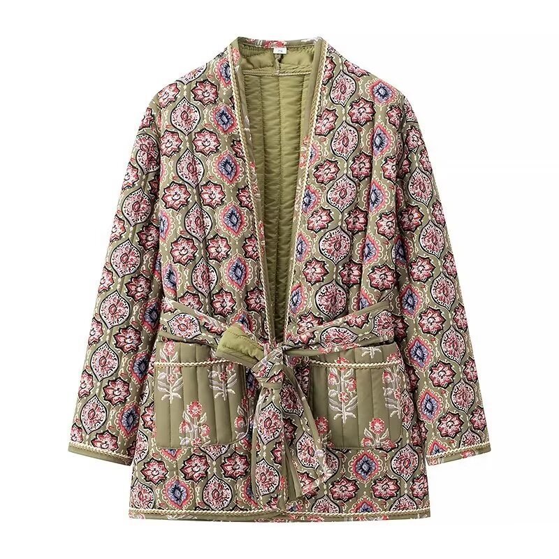700g Weight cotton clothes Outerwear Type Long Sleeve Sleeve Length Tie Placket Type Polyester Fabric Type Long Top Length Coat Tops Type Casual Occasion V Neck Neckline Loose Fit Type Printing Pattern Winter, Autumn Season Women's Gender Printing Design Streetwear Style Women's Streetwear Printing Printing Tie Coat Cotton Clothes