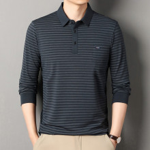 跨境男士长袖t恤薄款中年爸爸春秋装真口袋Polo衫翻领条纹上衣
