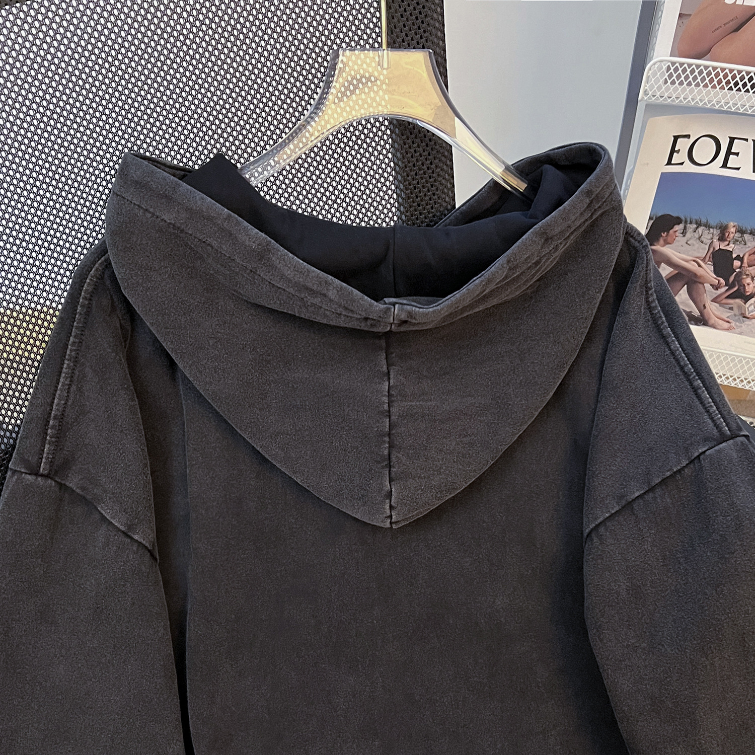 High Street Wash Vintage Pure Cotton Chinese Cotton Composite Hooded Sweatshirt Autumn Washed Distressed Waxed Top