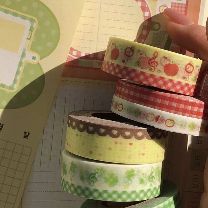 Korean Ins Apple Four-Leaf Clover and Paper Tape Handbook Decoration Collage Plaid Polka Dot DIY Material Tape Roll