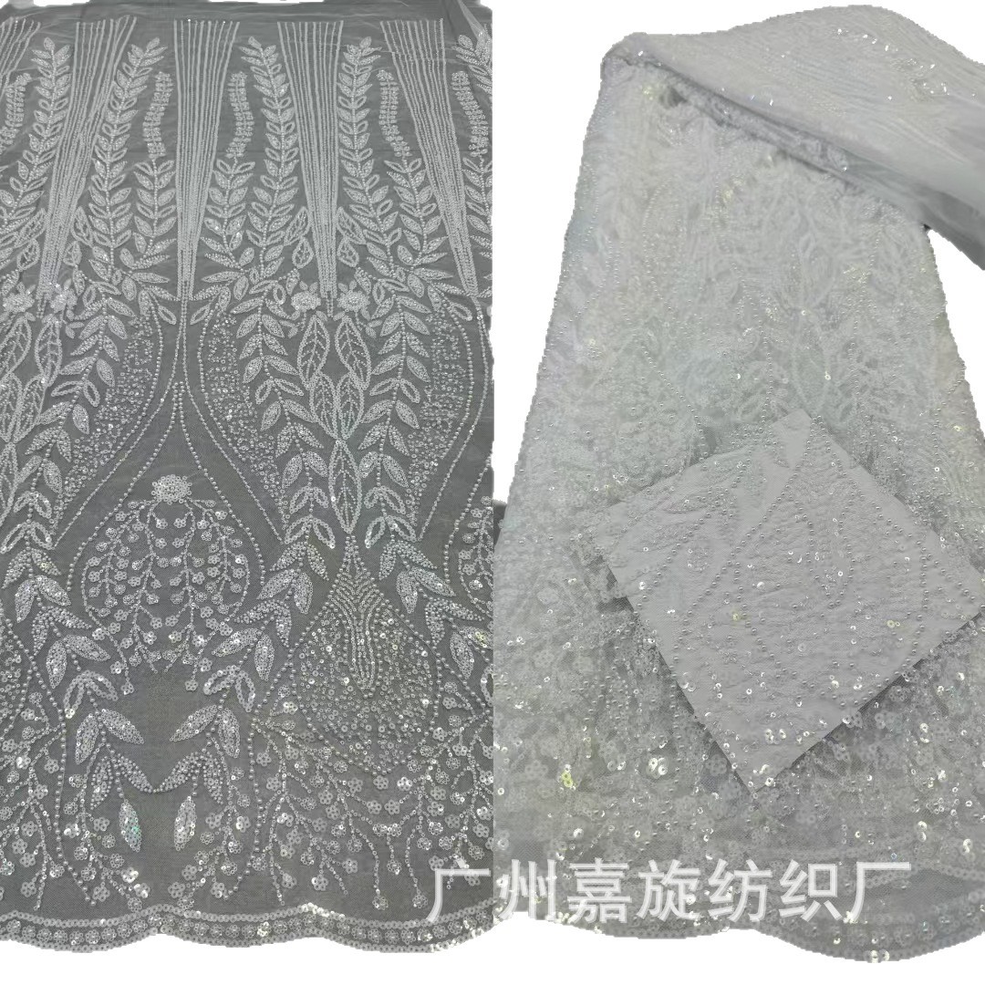 Nuevo cristal blanqueado sequinilla gran máquina bordada tela de encaje vestido de boda europea y americana tela de banquete