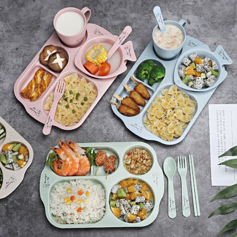 Children's Dinner Plate Kindergarten Lunch Divided Plate Baby Anti-Fall Eating Utensil Set Wheat Straw Soup Bowl and Cup