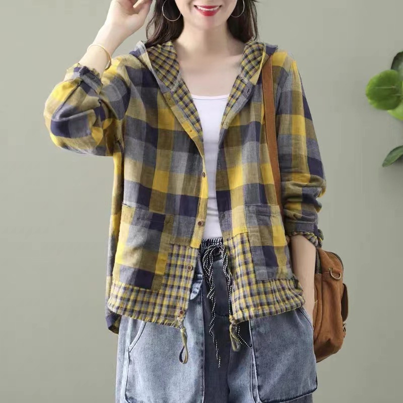 Paid Shirt Hooded Shirt Women's 2025 Spring New Retro Literary Style Design Sense Niche Drawstring Cotton Linen Shirt