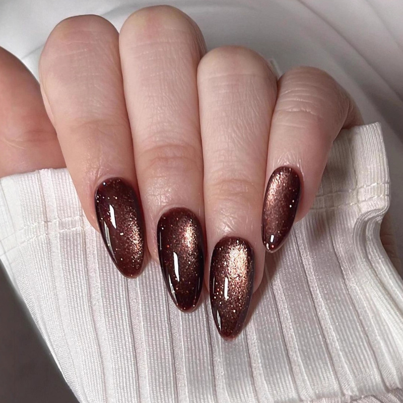 Brown Solid Color Cat-Eye Sparkling Wearable Nail Tips, Medium-Length Almond-Shaped False Nails, Wholesale Nail Tips