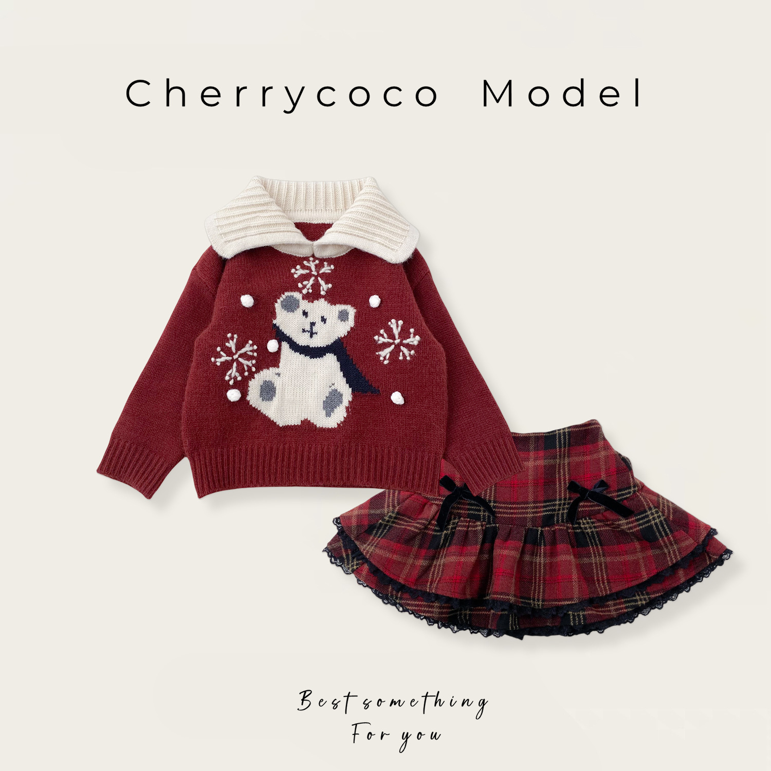 CHERRYCOCO GIRL의 중공업 GOUHUA BEAR 니트 옷깃 스웨터 기모 레이스 엣지 유료 스커트 2 피스 세트