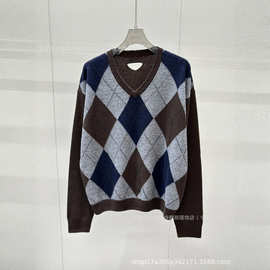 鼎版～100%山羊绒深圳南油撞色菱格纹针织衫修身上衣毛衣打底衫女