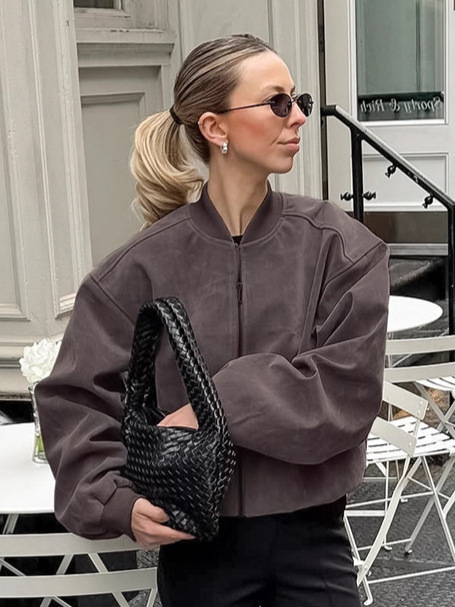 Gray Jacket for Women Maillard Autumn and Winter Retro Suede American High Street Stand Collar Long Sleeve Pilot Zipper Jacket