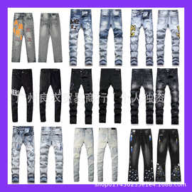 美式复古AM高街潮牌高端破洞裤子牛仔裤男款小众修身小脚裤弹力