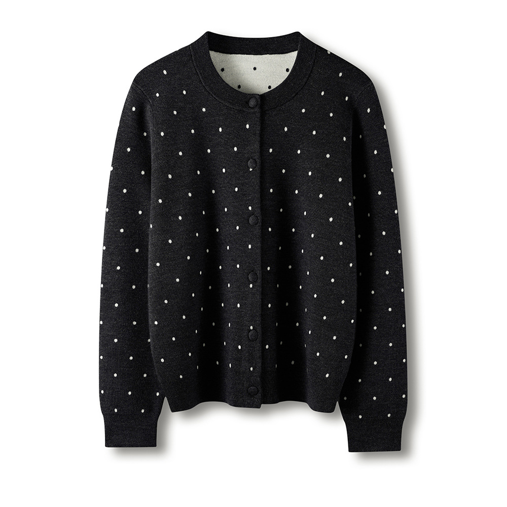 Chic GraceChic GraceChic GraceChic German Yangzi Yarn With Hanging Tag Xiaohe Fine Wool Polka Dot Round Neck Cardigan Polo Collar Sleeve Half_voghion.com