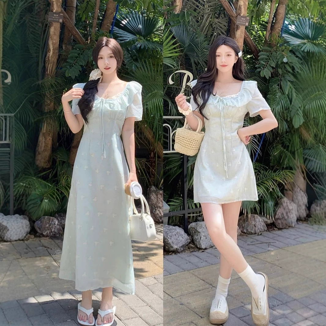 Летнее платье 2025 для полных девушек, французский нежный мятно-зеленый кружевной стежок, тяжелая вышивка, утягивающее талию