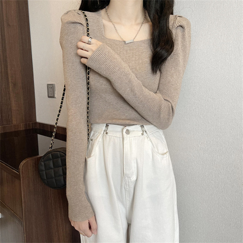 Autumn and Winter Fashionable Slim-Fitting Long-Sleeved Knitwear Tops French Square Neck Puff Sleeve Knitwear Women's Bottoming Shirt