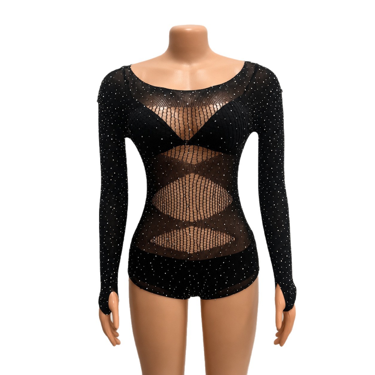 Transfronterizo para la mariposa de perforación caliente alta elástica ropa de baile de mujer unida hueco malla abertura de abrazadera agujero de dedo ropa de escenario
