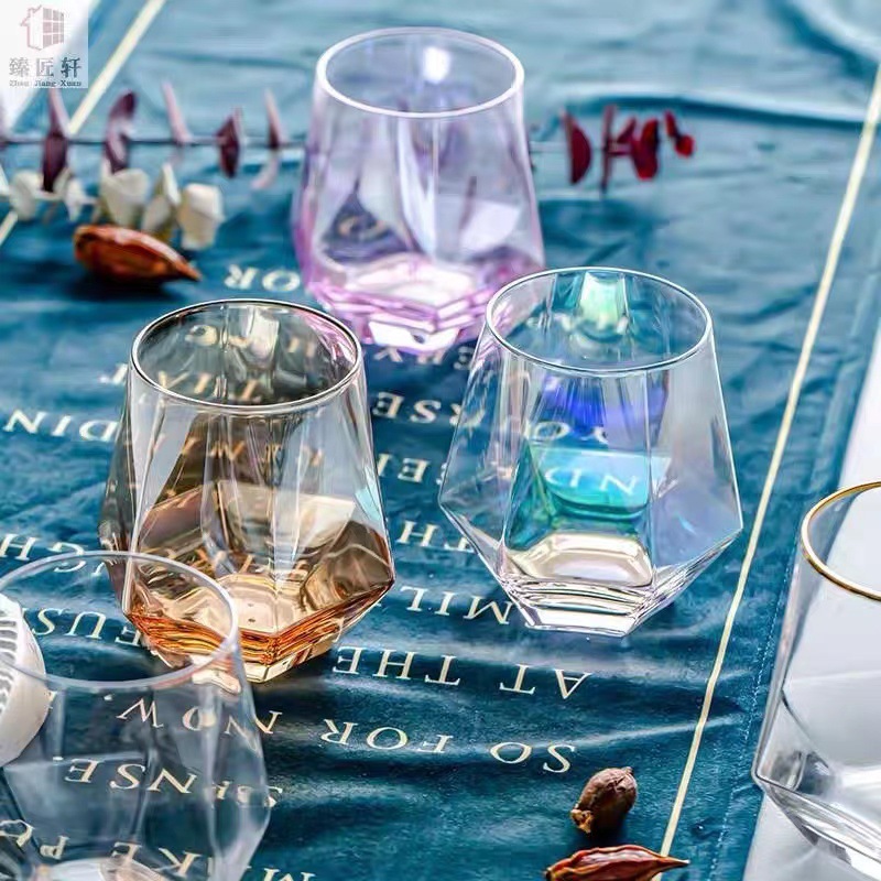 Hexagonal Red de vidrio creativo colorido borde dorado transparente Home bar KTV taza vino exterior promocional logo