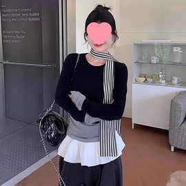 【人棉+原版围脖】黑色气质假两件撞色恤条纹围脖修身长袖上