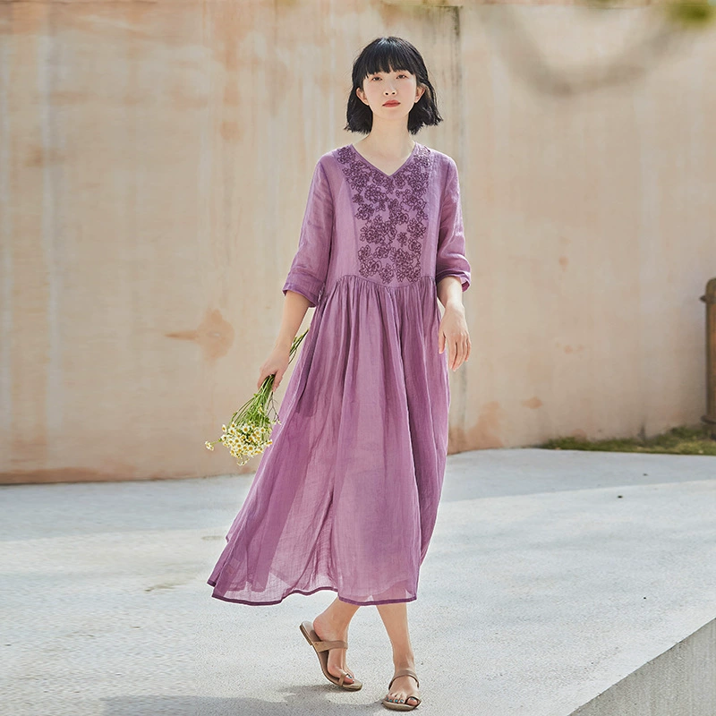 2021 летняя новая женская одежда, легкое элегантное длинное платье с вышивкой рами, женское длинное платье с рукавом-персиком и воротником