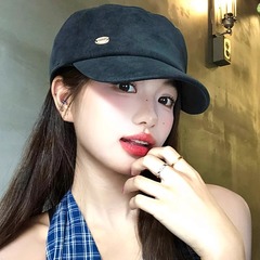 日系黑色麂皮绒鸭舌贝雷帽子女款文艺复古大头围显脸小平顶八角帽
