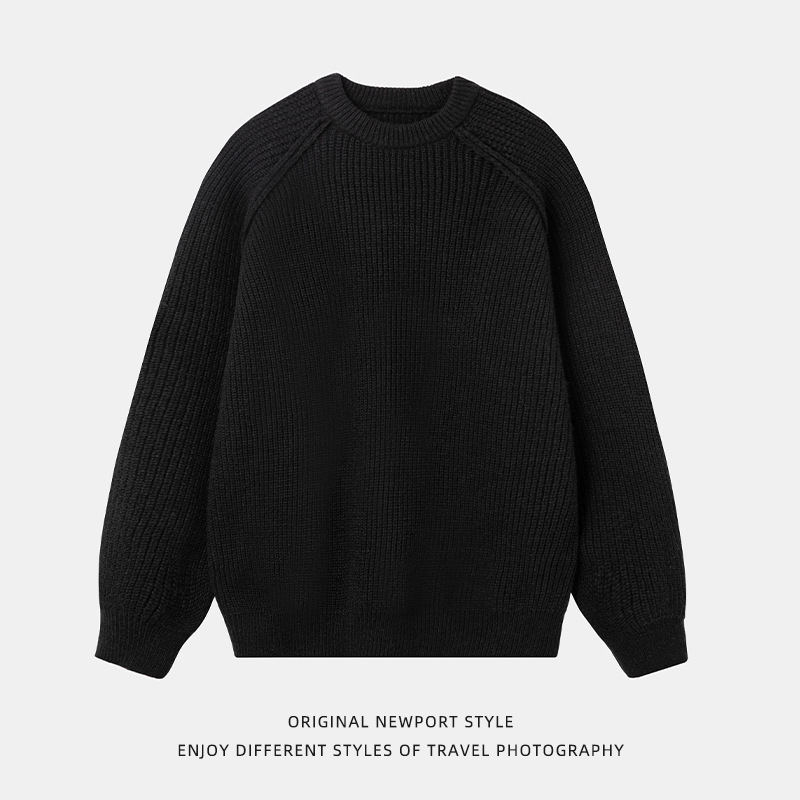 Monochrome Man- 3D Shoulder Line Design Round Neck Sweater Autumn Winter Texture Thick Knit Solid Color Knitwear Vintage Loose Coat_voghion.com