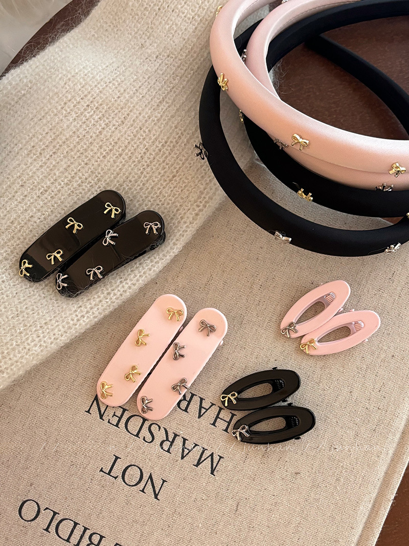 Bandeau à cheveux en épingle à cheveux avec nœud argenté pour fille, noir et rose, doux, cassé, frange, épingle à cheveux latérale, accessoires pour cheveux pour femmes_voghion.com
