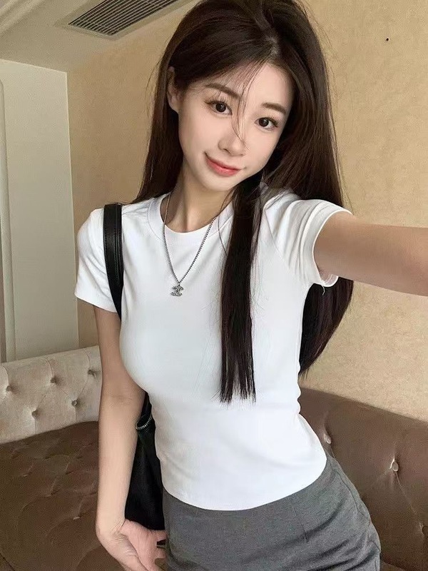 夏季修身女装基础短袖T恤女新韩系正肩修身显瘦短衣ins纯色打底衫|undefined