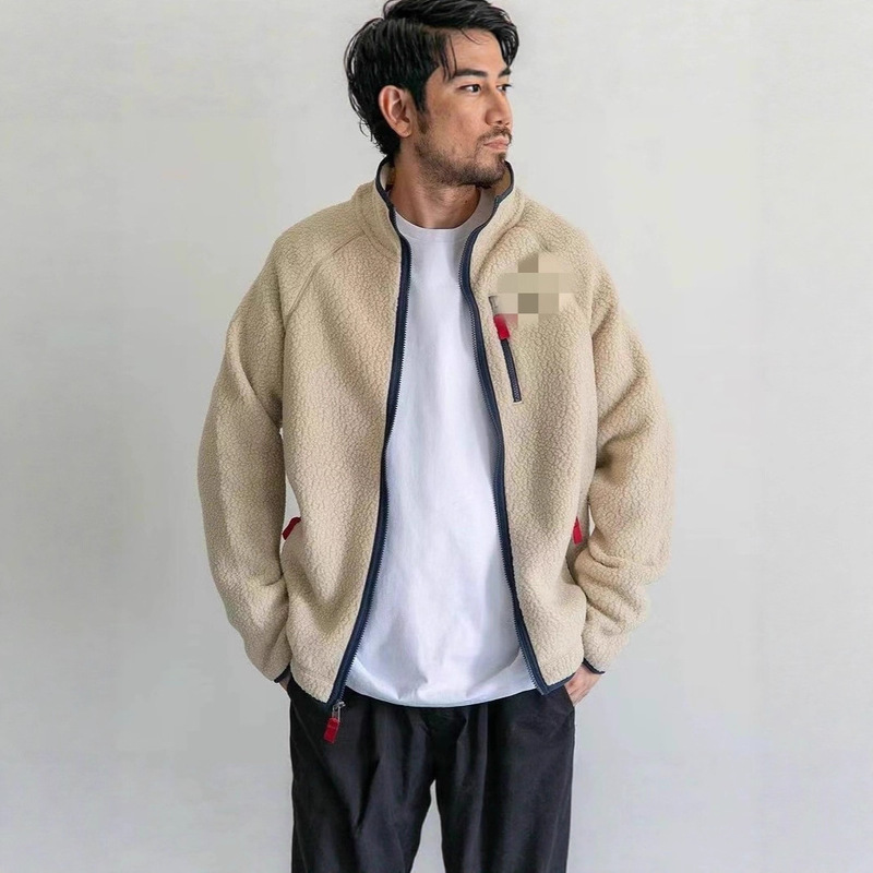 Outdoor Pata Bata Retro Pile Fleece Lamb Wool Men's Warm Cardigan Stand Collar Zipper Jacket
