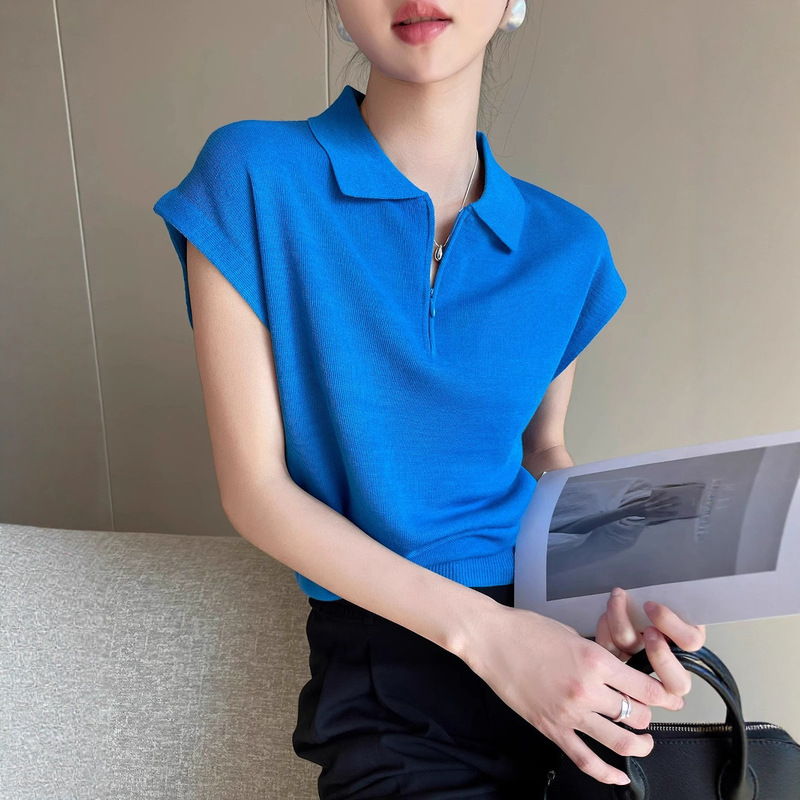 PINKEEN蓝色polo领针织短袖女夏季2025新清爽老钱风百搭套头上衣|undefined