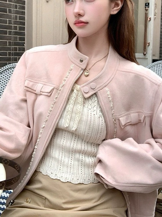Acaine短款长袖粉色廓形麂皮外套女秋季美式棒球服夹克显白上衣|undefined