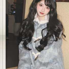 法式时髦格纹牛角扣毛呢外套冬季新款感小个子加厚呢子大衣潮