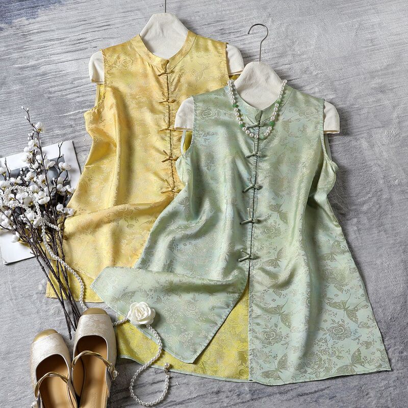 Shenzhen Nanyou Silk Gold-Threaded Shirt for Women, New Chinese Style National Fashion Women's Clothing, Improved Cheongsam Top, Sleeveless Vest Shenzhen Nanyou Silk Gold-Threaded Shirt for Women, New Chinese Style National Fashion Women's Clothing, Improved Cheongsam Top, Sleeveless Vest