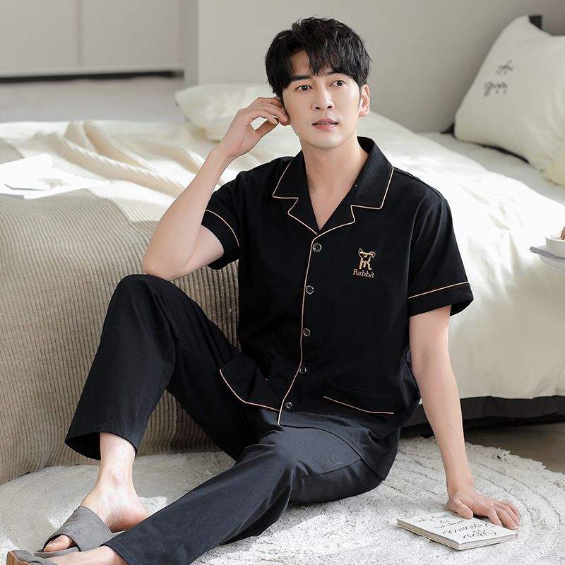 Pajamas de algodón para hombres de verano Cardigan de mangas cortas pantalones largos delgados set de ropa de hogar grande