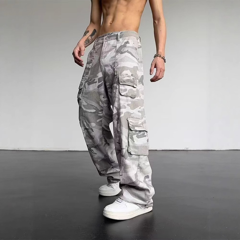 Foreign Trade American Multi-Pocket Wear-Resistant Camouflage Cargo Pants for Men and Women Vibe High Street Straight Loose Slim Jeans
