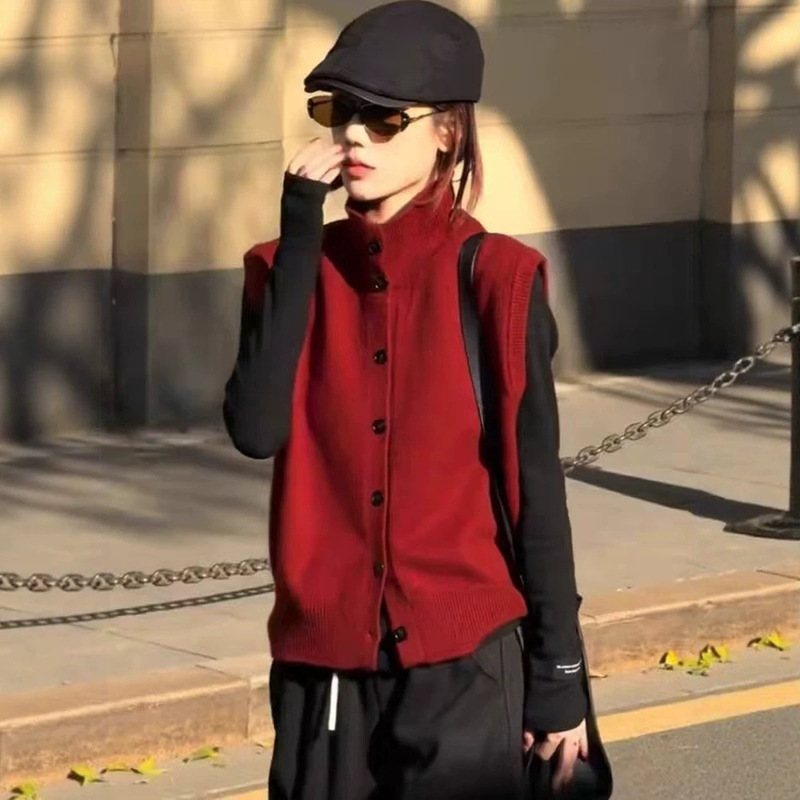 High-neck and fold-neck dual-use 100% wool knitted vest for women, slimming back, drop-shoulder sweater vest, warm and suitable for layering