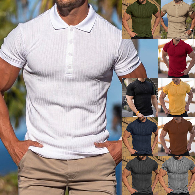 Foreign Trade European and American Style Men's Summer Sports Fitness Casual Elastic Short-Sleeve Vertical Stripe Polo Shirt Men's Hot-Selling Quick-Drying Foreign Trade European and American Style Men's Summer Sports Fitness Casual Elastic Short-Sleeve Vertical Stripe Polo Shirt Men's Hot-Selling Quick-Drying