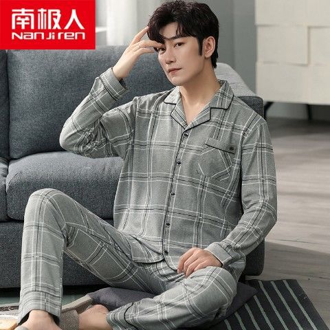 Pijamas de los hombres manga larga 100% algodón primavera, otoño e invierno algodón flojo más tamaño traje desgaste del hogar