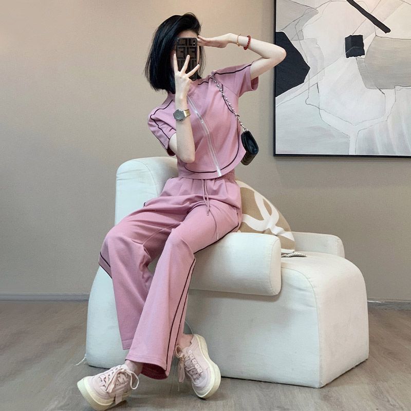 High-End Design Casual Sports Suit for Women, Summer Waist-Cinching Zipper Short-Sleeved Street-Style Wide-Leg Pants Two-Piece Set