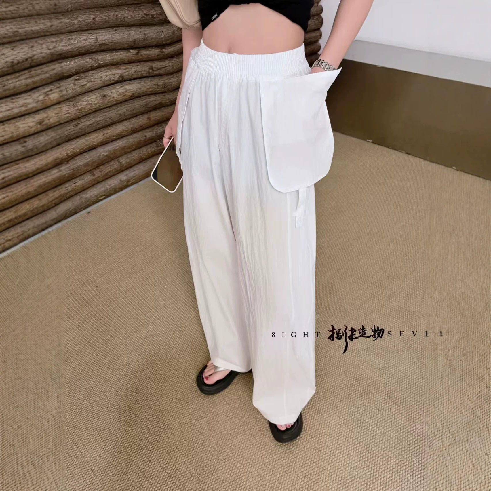 夏季韩版休闲时尚简约纯色净版大口袋宽松高腰休闲裤工装裤女1233