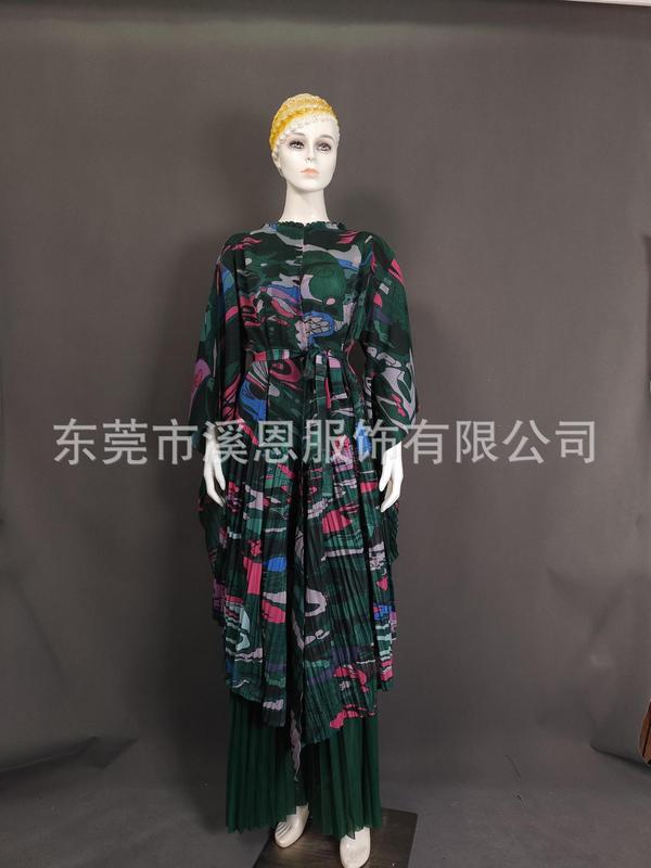 Miayki三宅褶皱花边领不规则印花上衣+阔腿裤两件套大码女装跨境|undefined