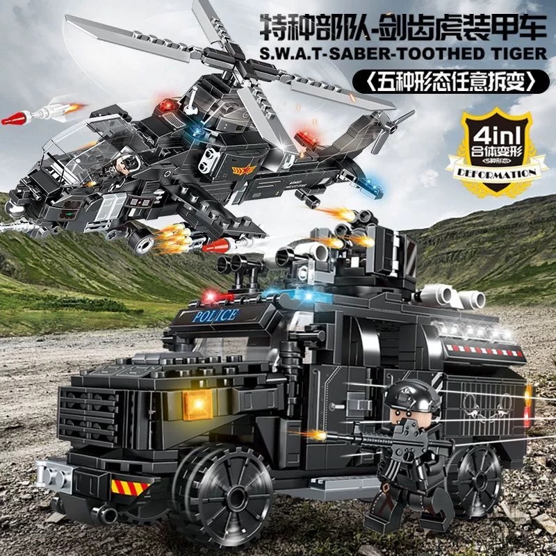 Mindi juguetes militares modelo de helicóptero SWAT montado coche blindado montado regalos para niños partículas pequeñas al por mayor