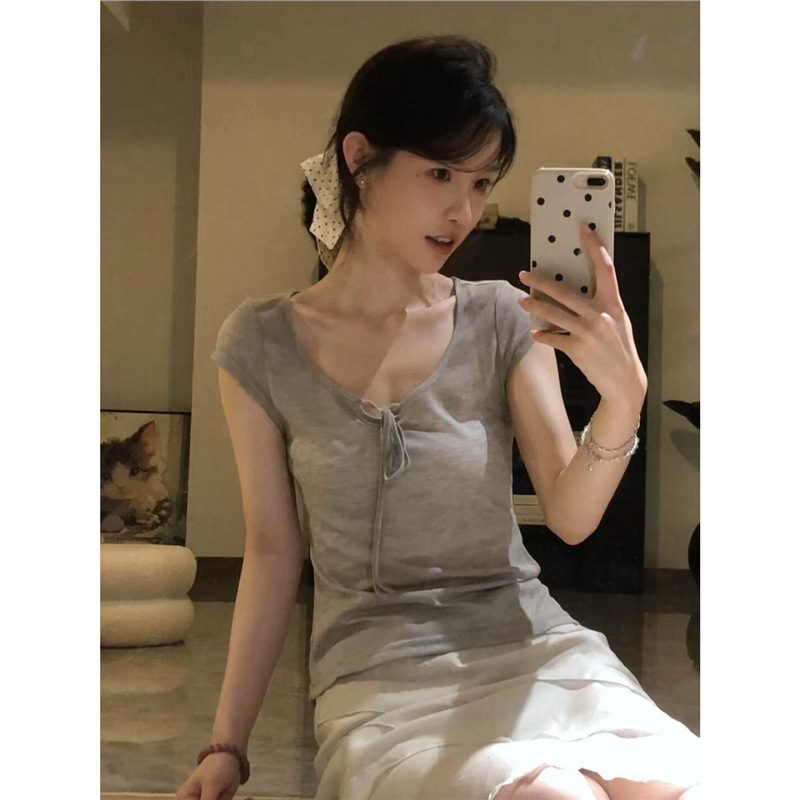 原版面料韩系氛围感u领系带短袖t恤女夏纯欲风超好看甜美收腰上衣|undefined