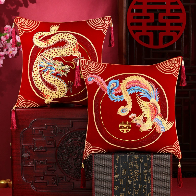 Свадебные подушки с вышивкой дракона и феникса, пара высококачественных свадебных подушек, подушки для свадебной комнаты, гостиной, дивана, прикроватные подушки, свадебные принадлежности