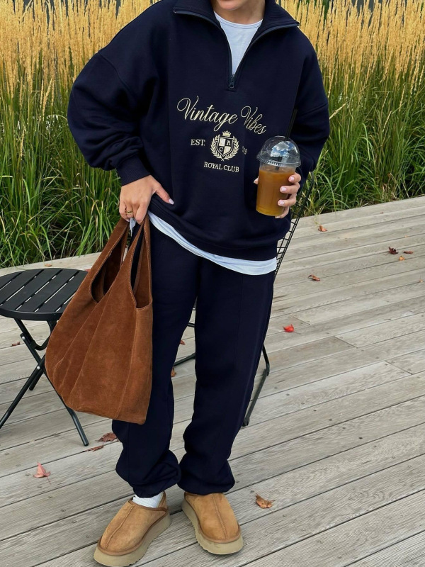 欧美风跨境字母刺绣高级感半拉链卫衣宽松直筒休闲长裤时尚套装女|undefined